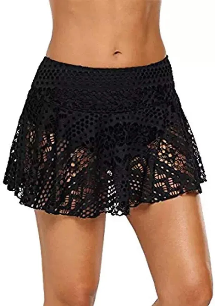 Women Lace Crochet Swim Skirt Bikini Bottom Swimsuit Board Shorts Skort Swimdress Sexy Hollow Mini Skirts