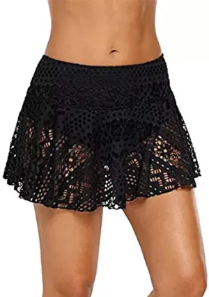 Women Lace Crochet Swim Skirt Bikini Bottom Swimsuit Board Shorts Skort Swimdress Sexy Hollow Mini Skirts