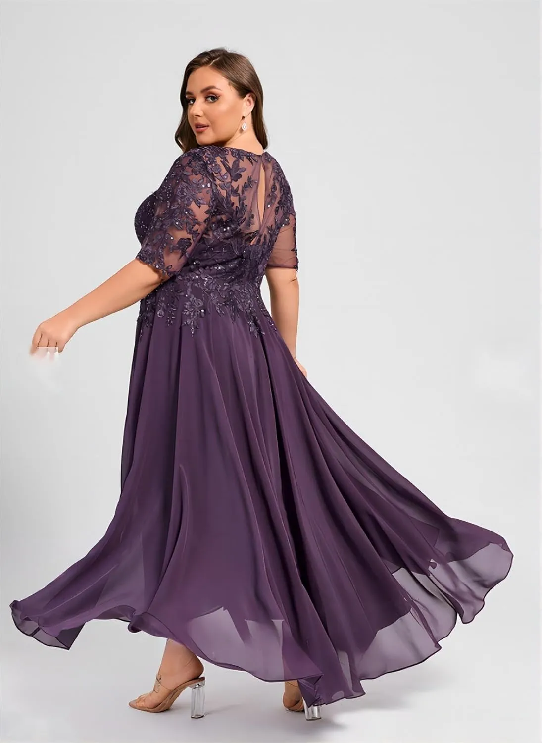 Women Lace Sequin Mother of The Bride Dresses Tea Length Chiffon Formal Dress Evening Gown with Sleeves