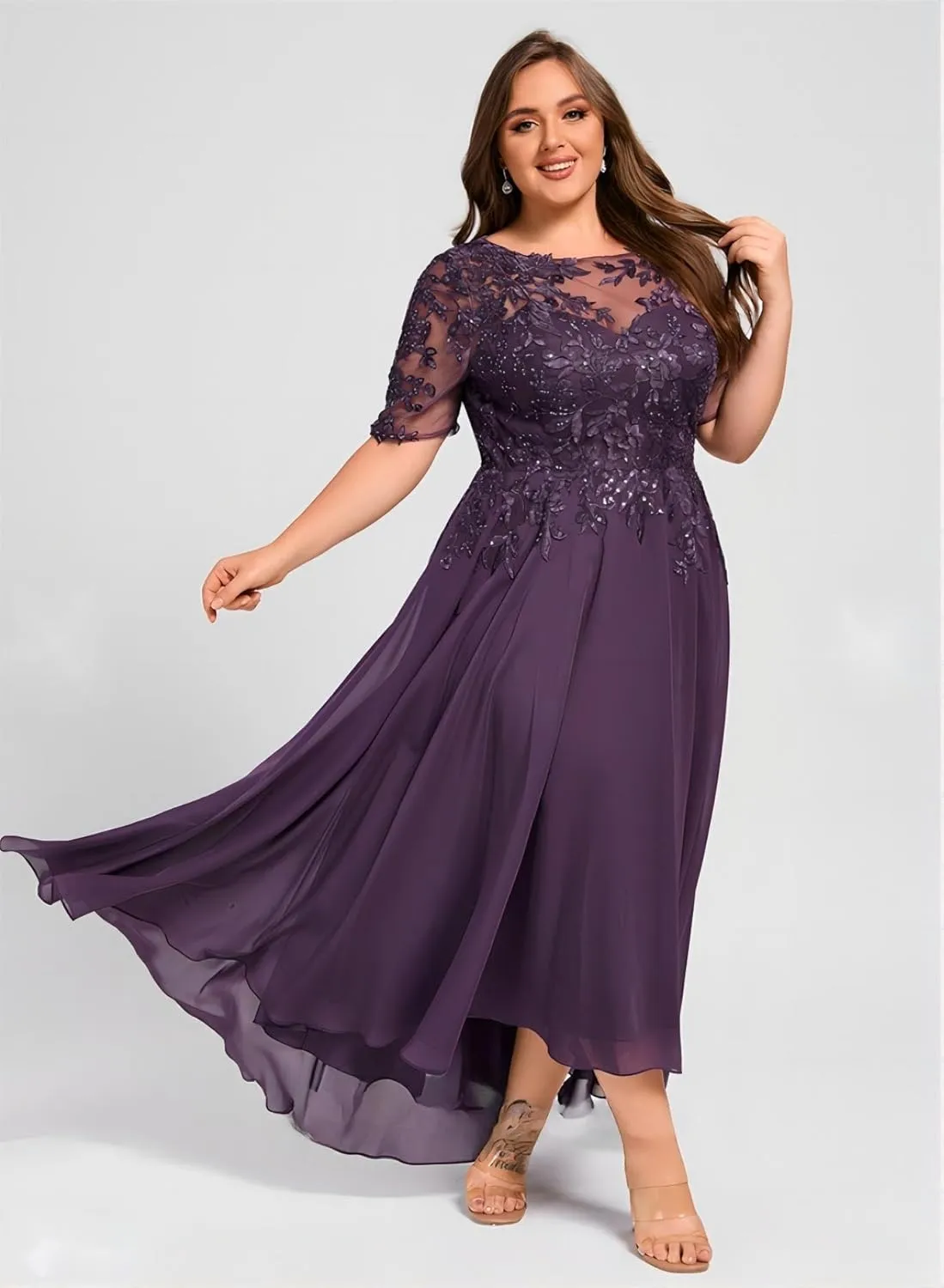 Women Lace Sequin Mother of The Bride Dresses Tea Length Chiffon Formal Dress Evening Gown with Sleeves