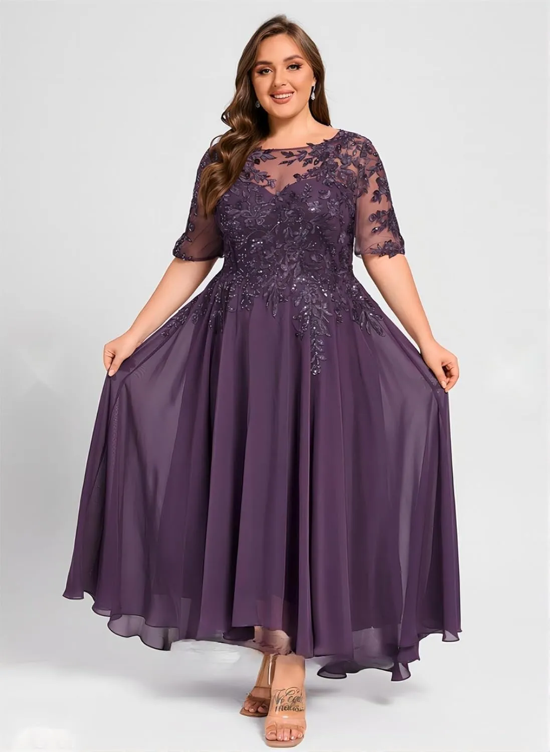 Women Lace Sequin Mother of The Bride Dresses Tea Length Chiffon Formal Dress Evening Gown with Sleeves
