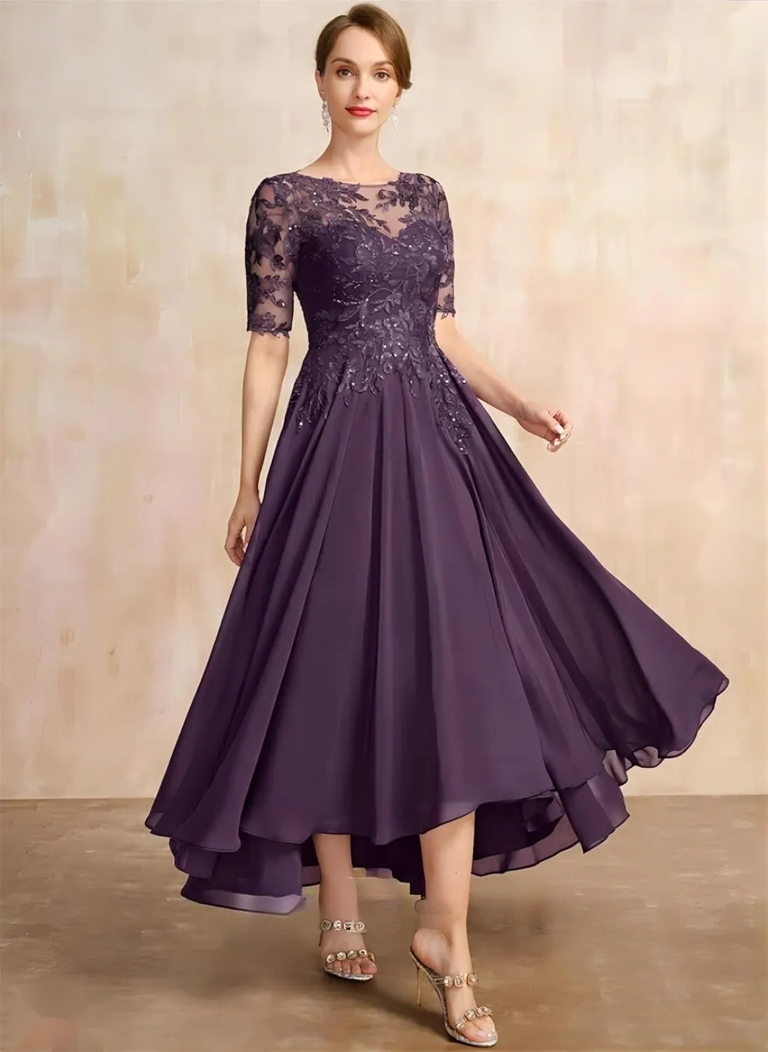 Women Lace Sequin Mother of The Bride Dresses Tea Length Chiffon Formal Dress Evening Gown with Sleeves