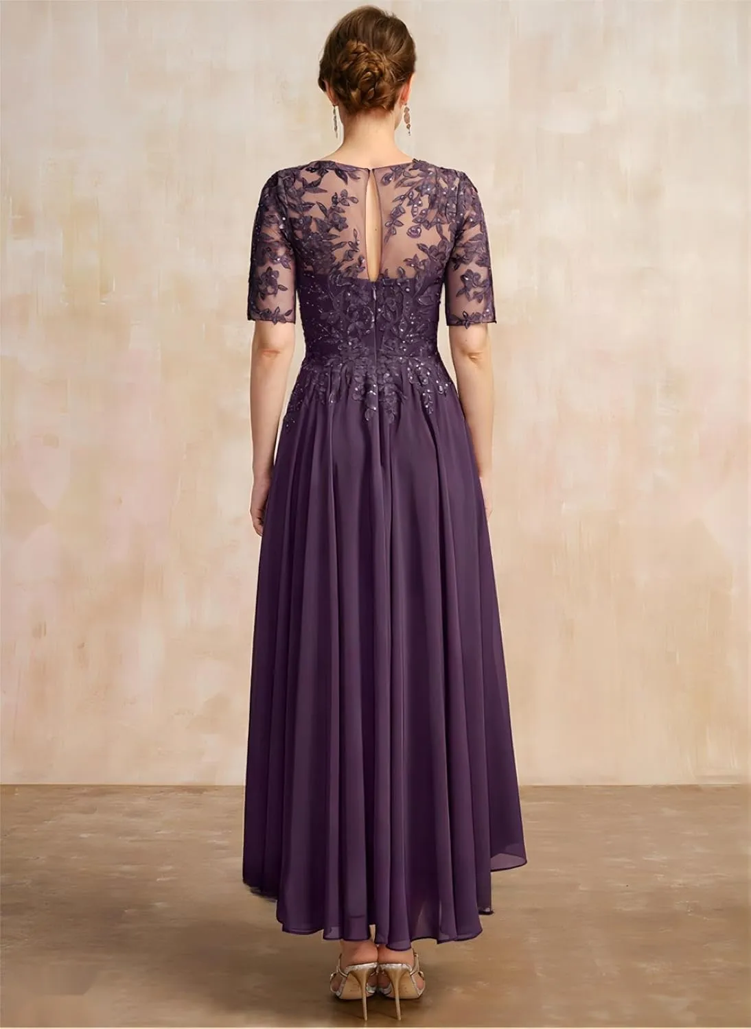 Women Lace Sequin Mother of The Bride Dresses Tea Length Chiffon Formal Dress Evening Gown with Sleeves