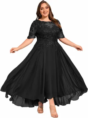 Women Lace Sequin Mother of The Bride Dresses Tea Length Chiffon Formal Dress Evening Gown with Sleeves
