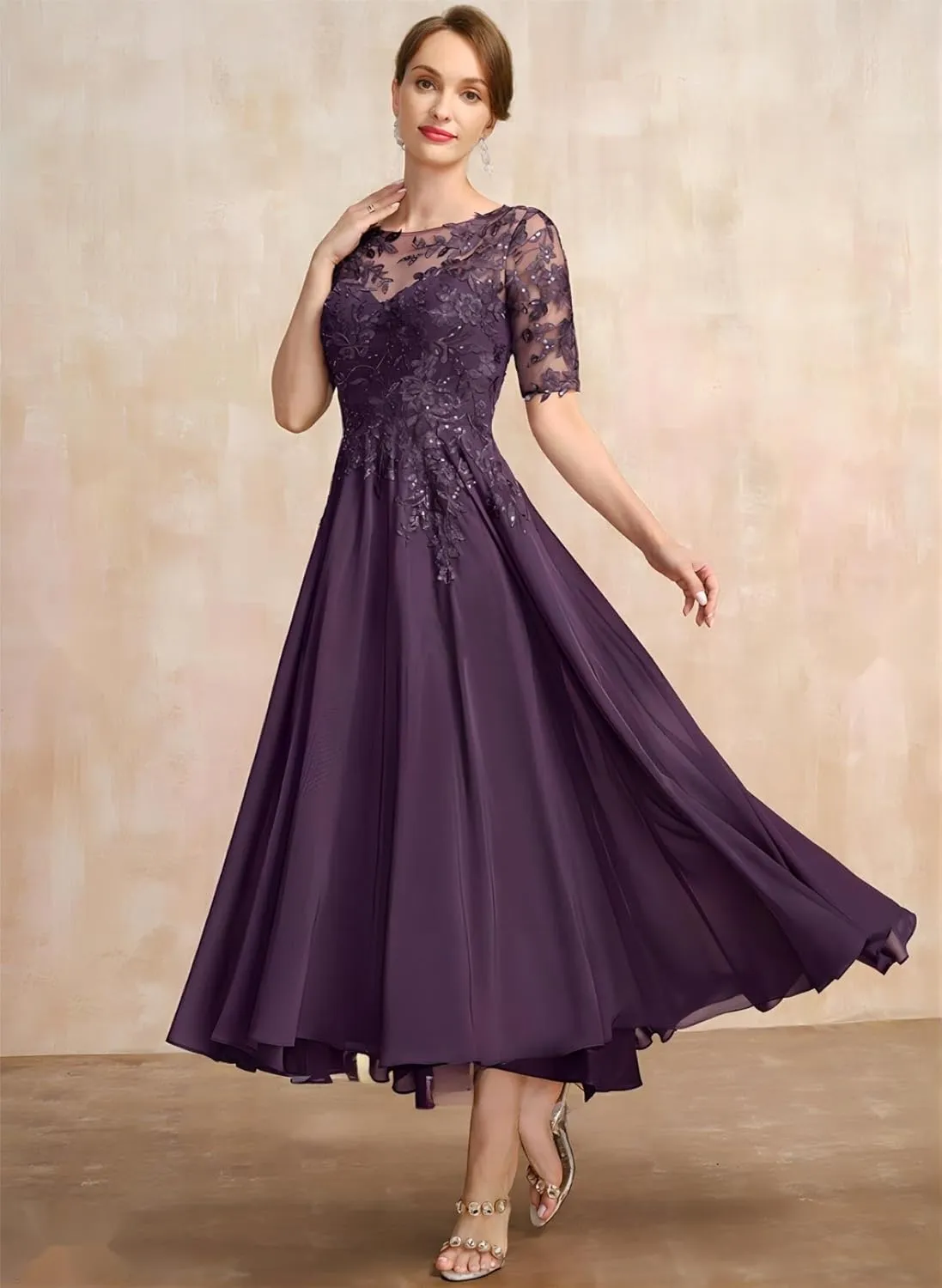 Women Lace Sequin Mother of The Bride Dresses Tea Length Chiffon Formal Dress Evening Gown with Sleeves