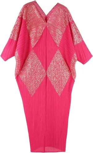 Women Long Bat Sleeve Dress V Neck Pleated Plus Size Elegant Stretchy Midi Dress for Party Club