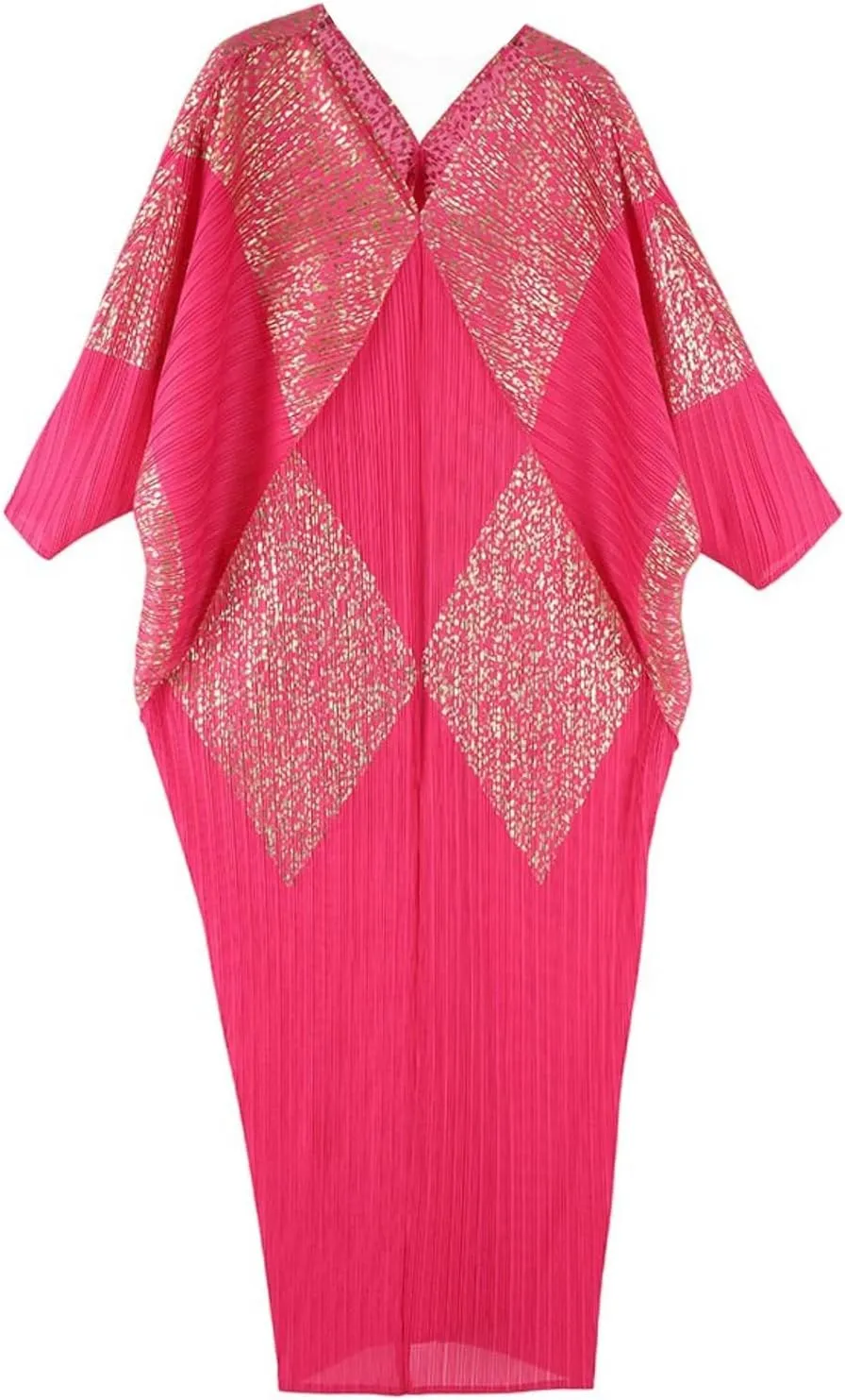 Women Long Bat Sleeve Dress V Neck Pleated Plus Size Elegant Stretchy Midi Dress for Party Club