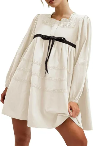 Women Long Puff Sleeve Flowy Mini Dress Cute Bow Tie Front Babydoll Bow Dress Trendy Embroidered A-line for Women