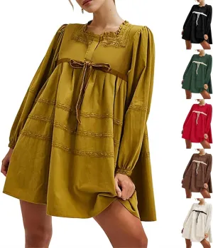 Women Long Puff Sleeve Flowy Mini Dress Cute Bow Tie Front Babydoll Bow Dress Trendy Embroidered A-line for Women