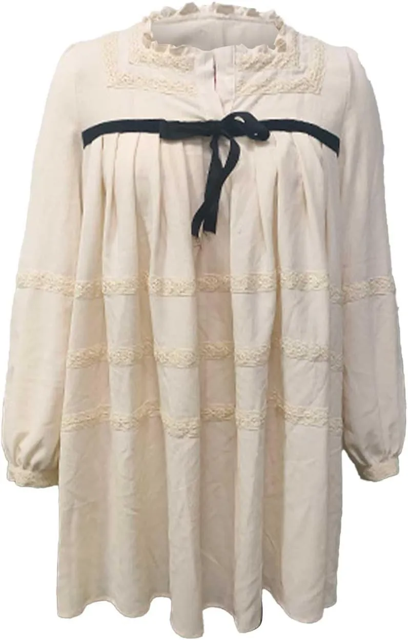 Women Long Puff Sleeve Flowy Mini Dress Cute Bow Tie Front Babydoll Bow Dress Trendy Embroidered A-line for Women