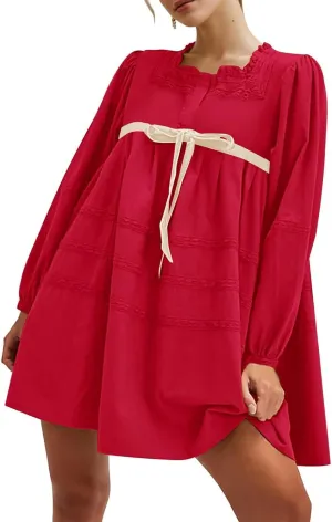 Women Long Puff Sleeve Flowy Mini Dress Cute Bow Tie Front Babydoll Bow Dress Trendy Embroidered A-line for Women