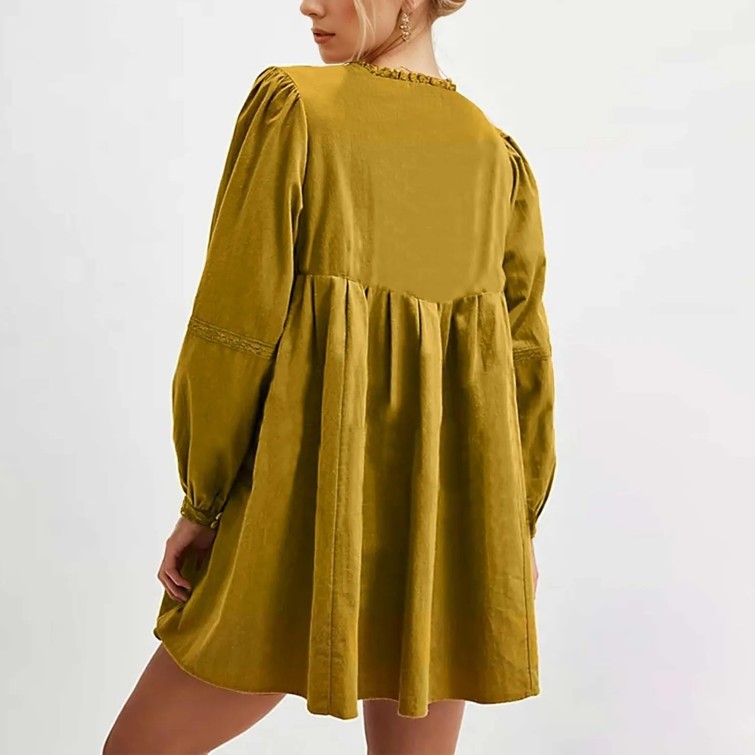 Women Long Puff Sleeve Flowy Mini Dress Cute Bow Tie Front Babydoll Bow Dress Trendy Embroidered A-line for Women