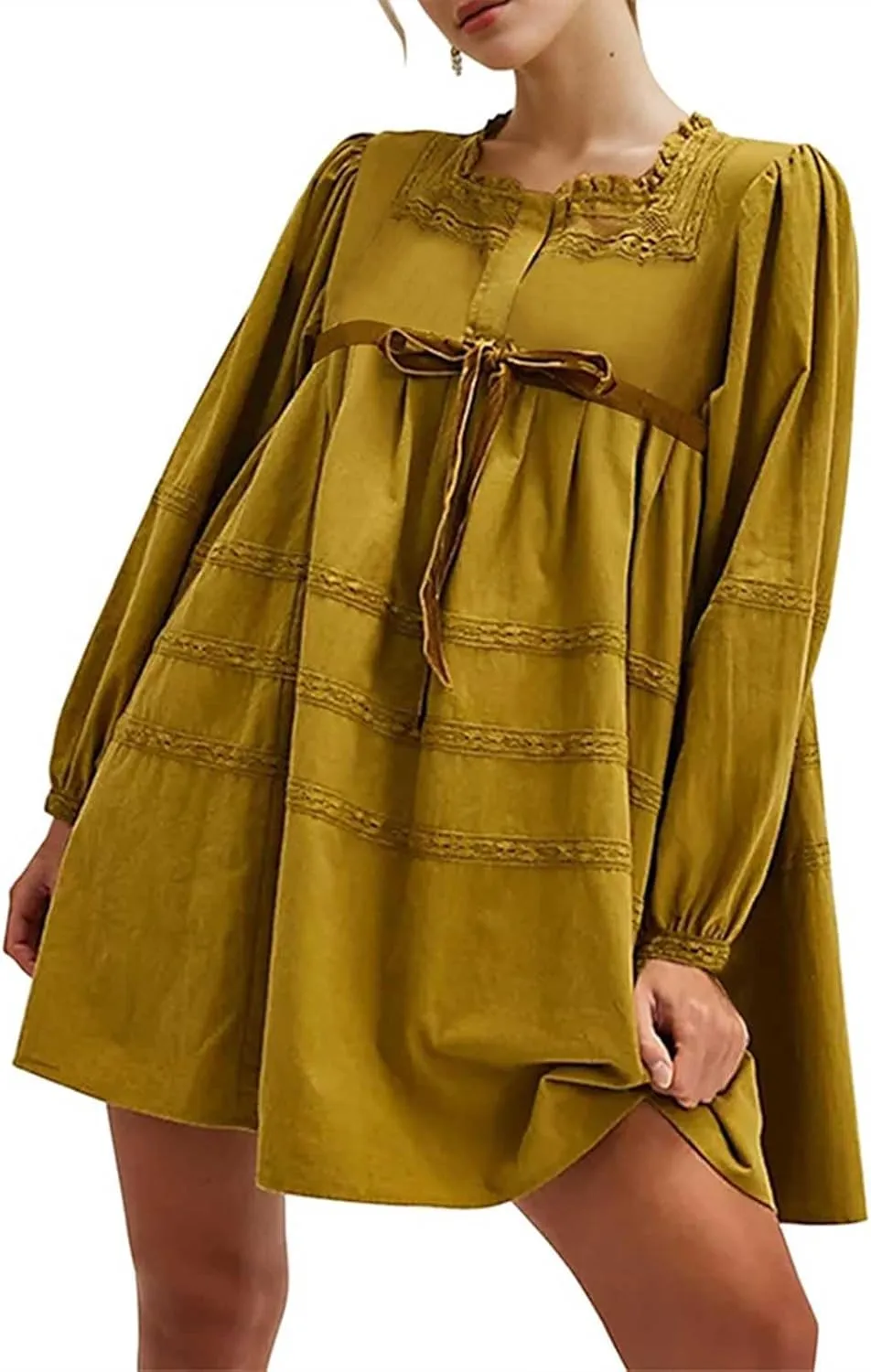 Women Long Puff Sleeve Flowy Mini Dress Cute Bow Tie Front Babydoll Bow Dress Trendy Embroidered A-line for Women