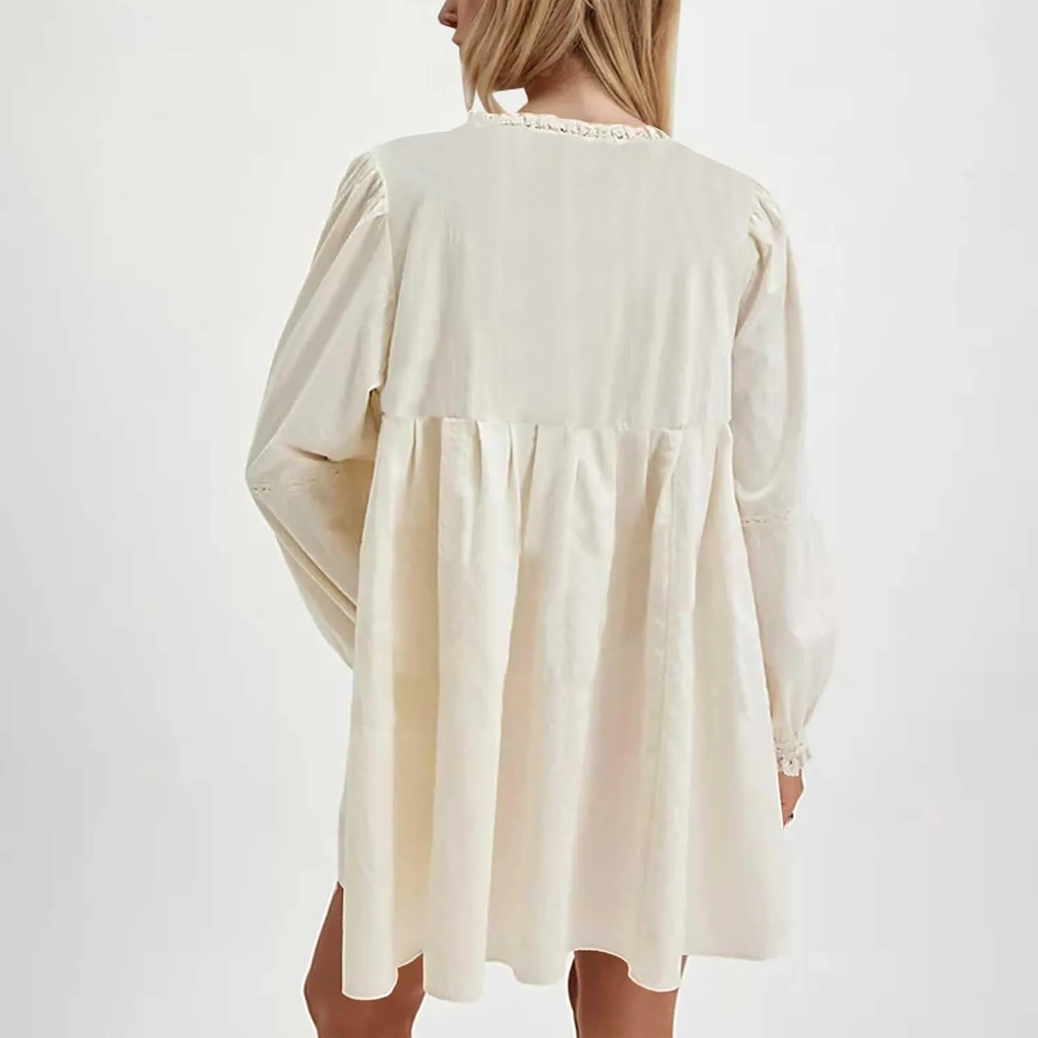 Women Long Puff Sleeve Flowy Mini Dress Cute Bow Tie Front Babydoll Bow Dress Trendy Embroidered A-line for Women