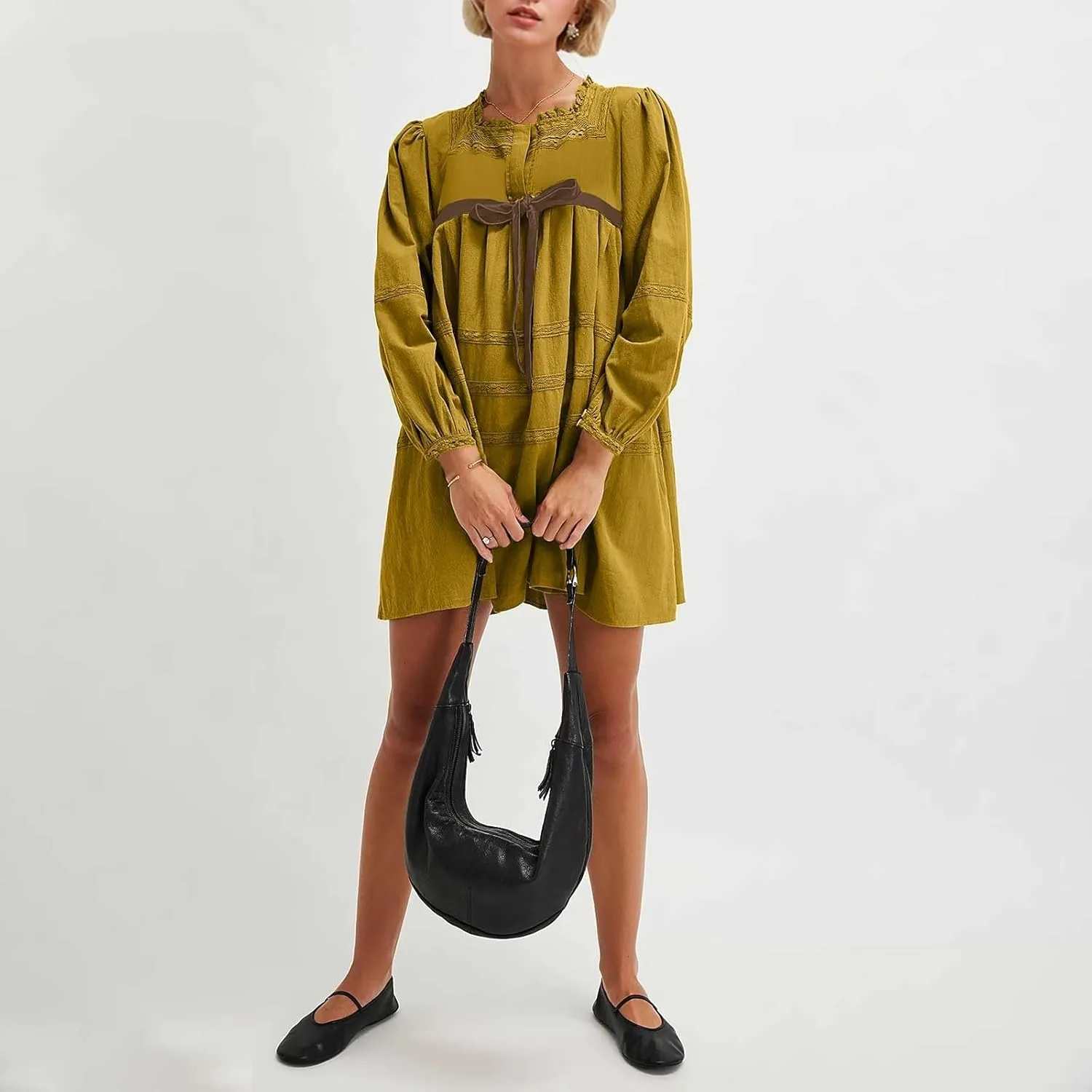 Women Long Puff Sleeve Flowy Mini Dress Cute Bow Tie Front Babydoll Bow Dress Trendy Embroidered A-line for Women