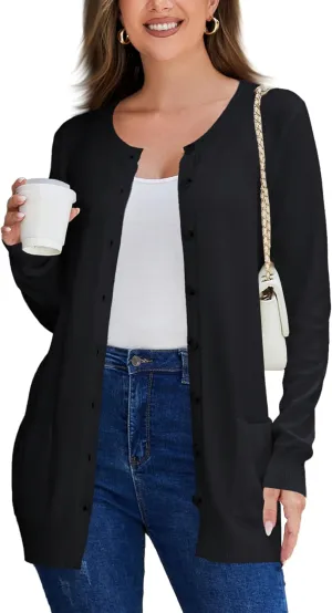Women Loose Casual Lightweight Long Sleeve Crewneck Cardigan Sweaters Open Front Button Down Outwear with Pockets