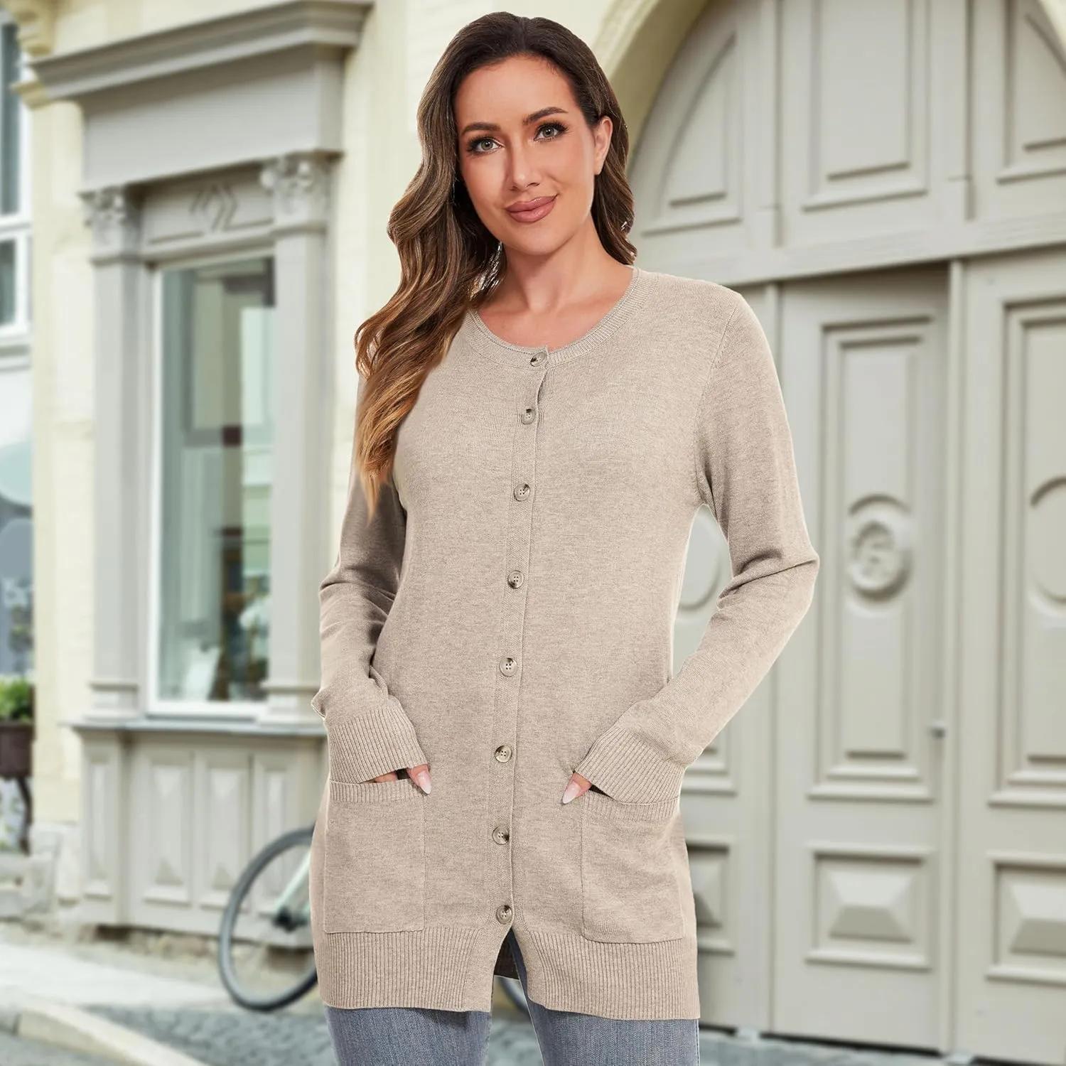 Women Loose Casual Lightweight Long Sleeve Crewneck Cardigan Sweaters Open Front Button Down Outwear with Pockets