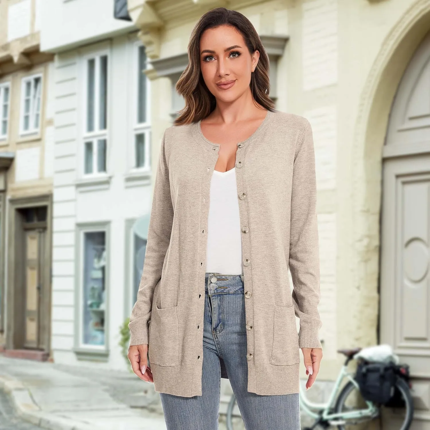 Women Loose Casual Lightweight Long Sleeve Crewneck Cardigan Sweaters Open Front Button Down Outwear with Pockets