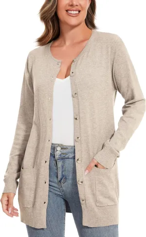 Women Loose Casual Lightweight Long Sleeve Crewneck Cardigan Sweaters Open Front Button Down Outwear with Pockets