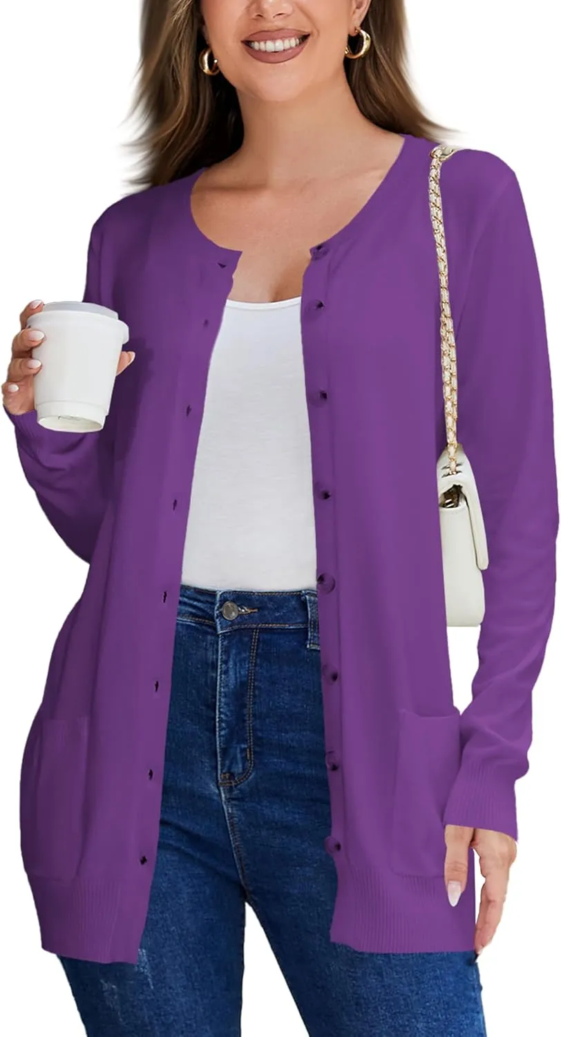 Women Loose Casual Lightweight Long Sleeve Crewneck Cardigan Sweaters Open Front Button Down Outwear with Pockets