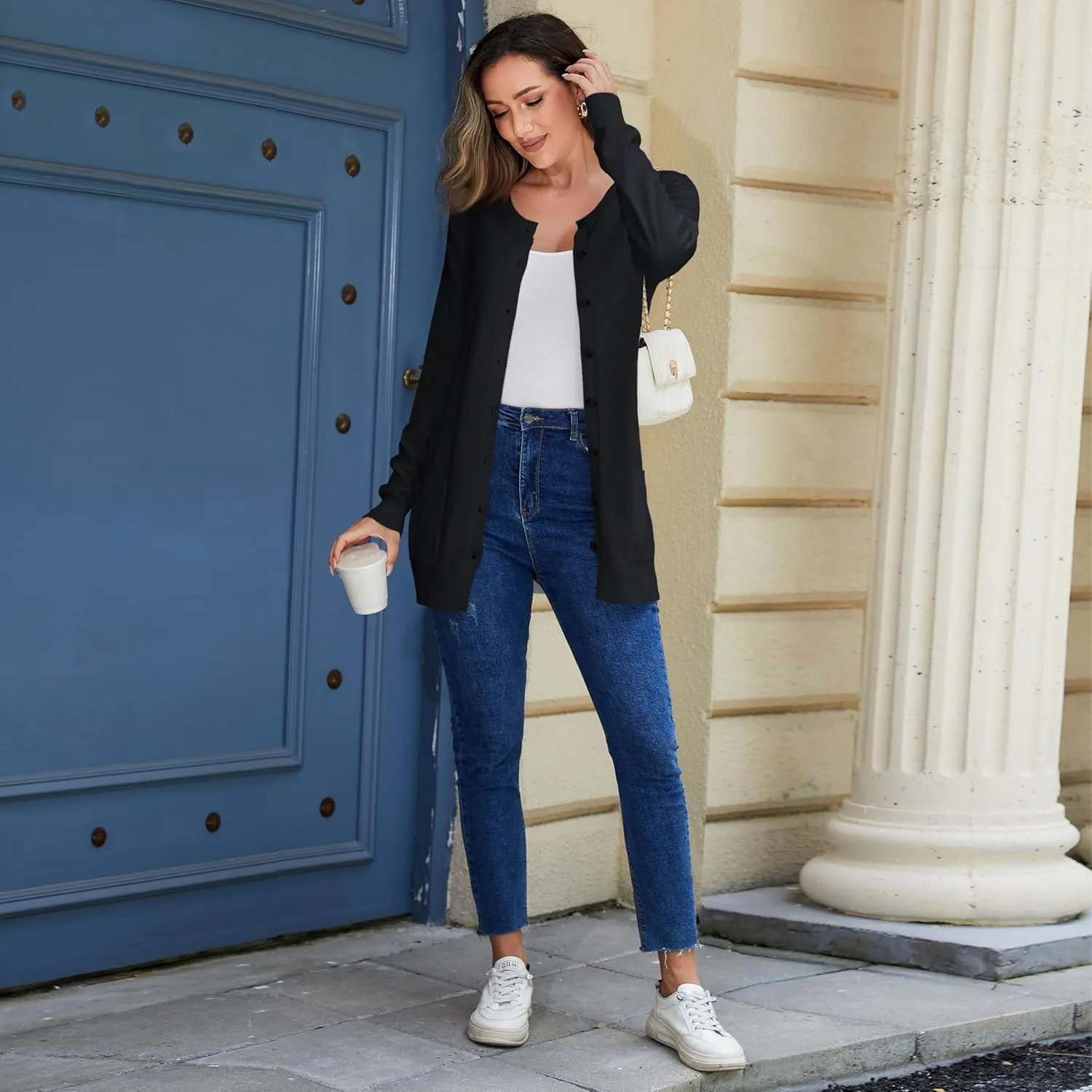 Women Loose Casual Lightweight Long Sleeve Crewneck Cardigan Sweaters Open Front Button Down Outwear with Pockets