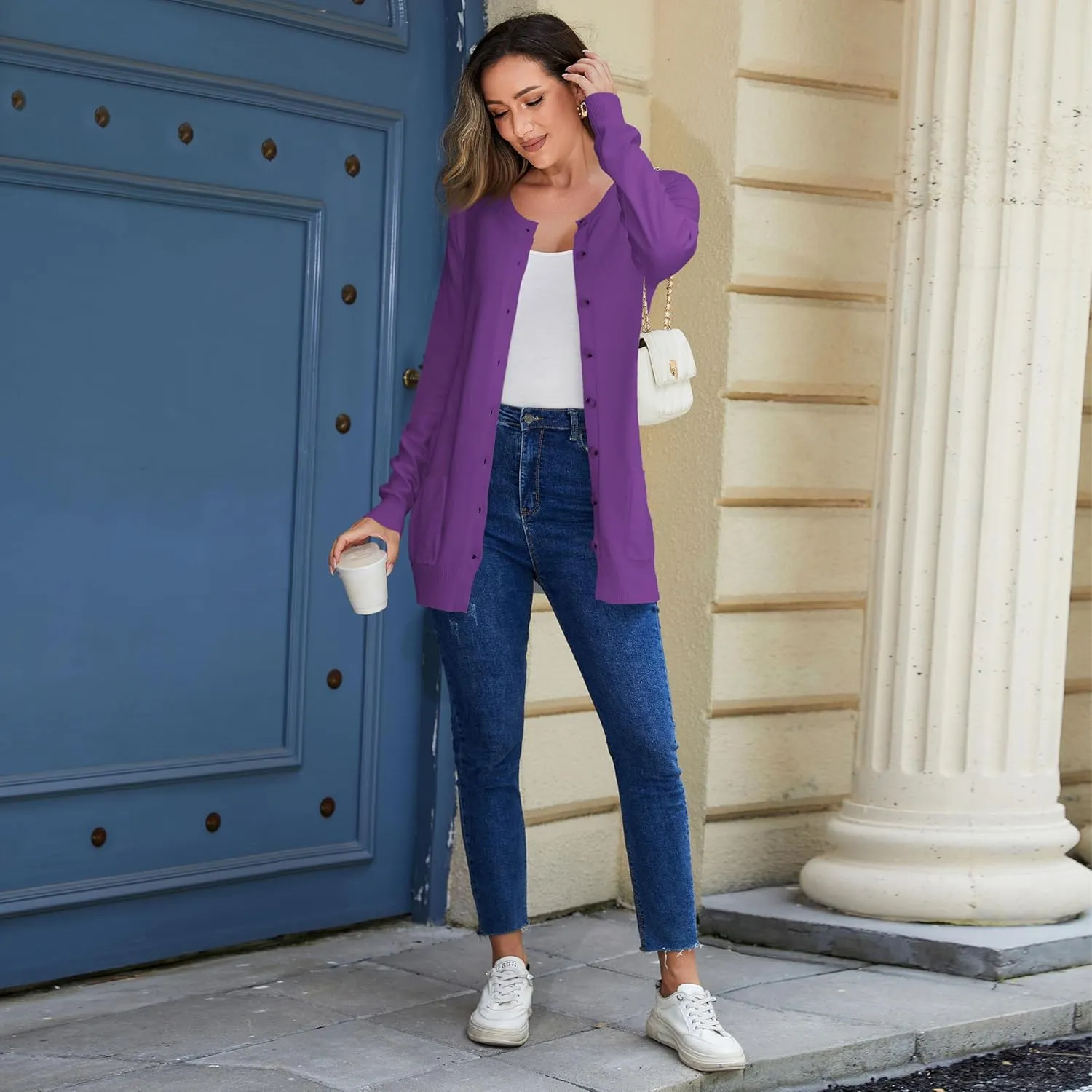 Women Loose Casual Lightweight Long Sleeve Crewneck Cardigan Sweaters Open Front Button Down Outwear with Pockets