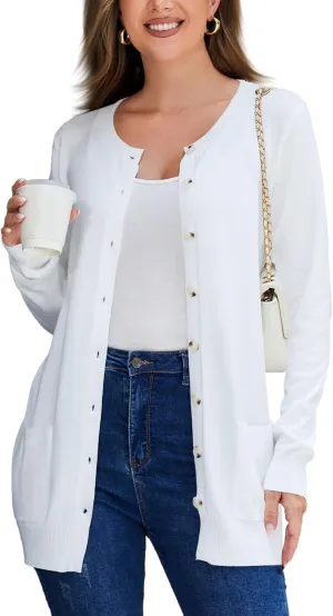 Women Loose Casual Lightweight Long Sleeve Crewneck Cardigan Sweaters Open Front Button Down Outwear with Pockets