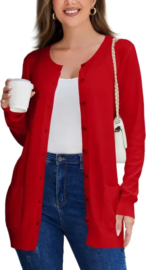 Women Loose Casual Lightweight Long Sleeve Crewneck Cardigan Sweaters Open Front Button Down Outwear with Pockets