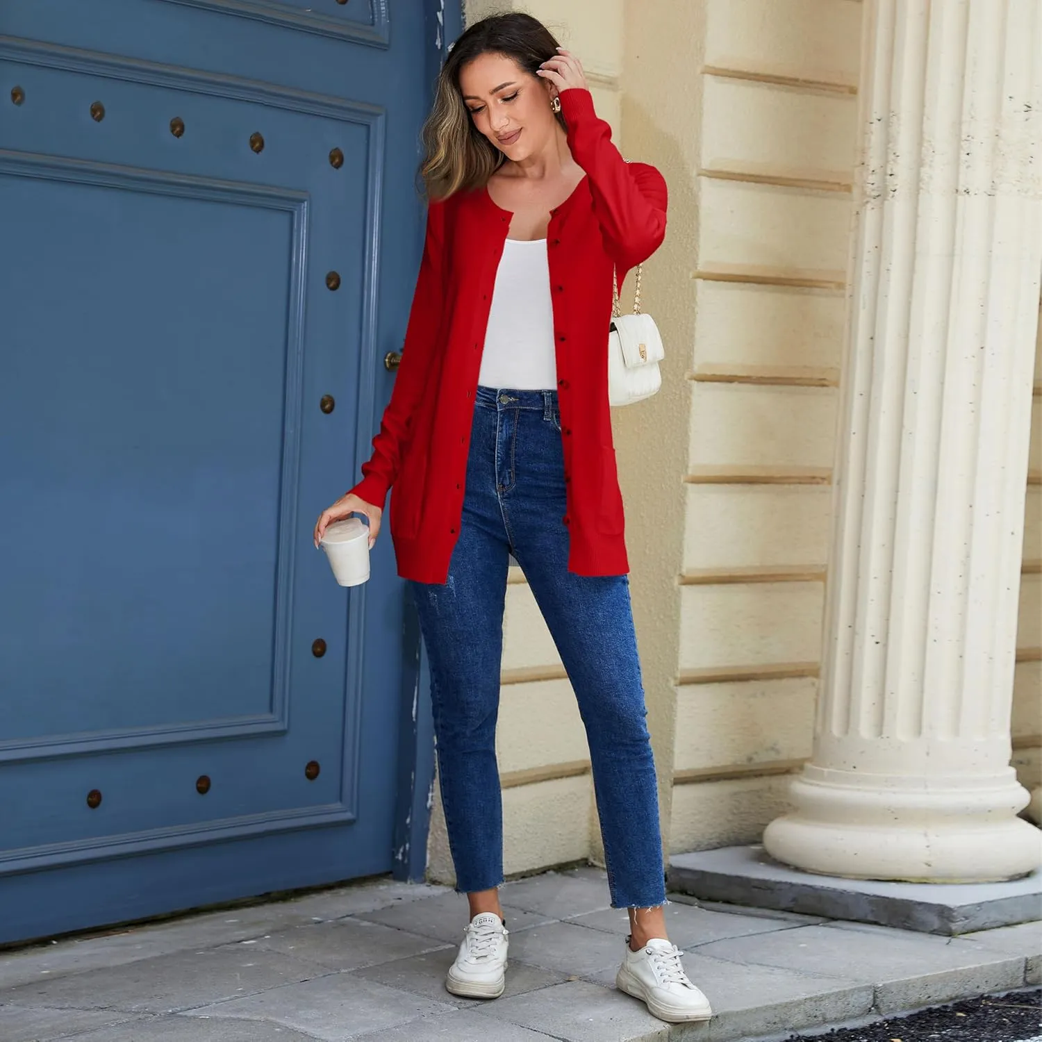 Women Loose Casual Lightweight Long Sleeve Crewneck Cardigan Sweaters Open Front Button Down Outwear with Pockets