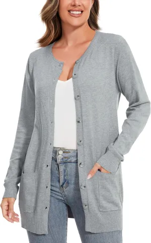 Women Loose Casual Lightweight Long Sleeve Crewneck Cardigan Sweaters Open Front Button Down Outwear with Pockets