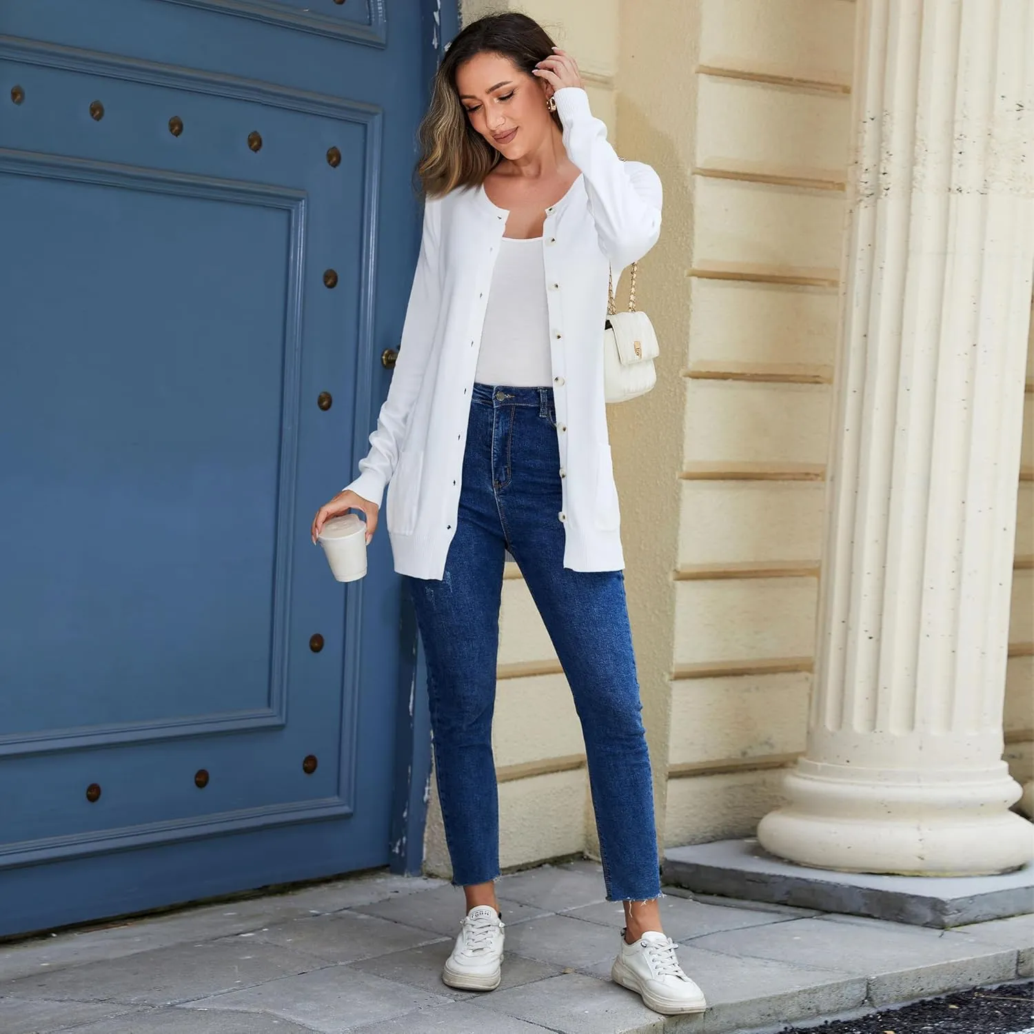 Women Loose Casual Lightweight Long Sleeve Crewneck Cardigan Sweaters Open Front Button Down Outwear with Pockets