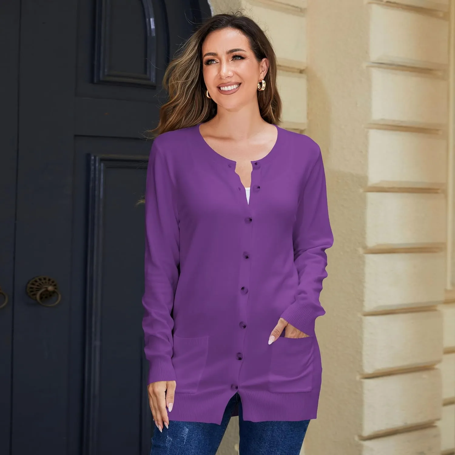 Women Loose Casual Lightweight Long Sleeve Crewneck Cardigan Sweaters Open Front Button Down Outwear with Pockets