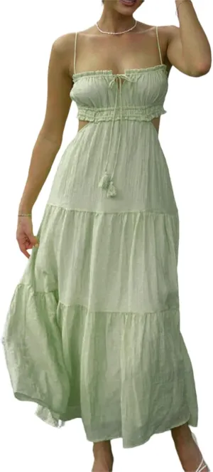 Women Low Cut Backless Maxi Dresses Elegant Spaghetti Strap Tiered Long Dress Relax Fit Open Back Cutout Flowy Sundress
