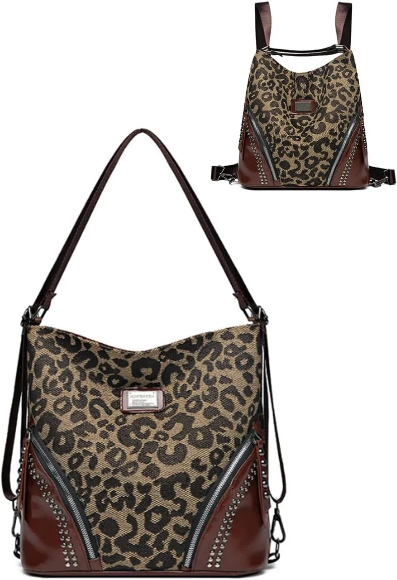 Women Multi Functional Backpack Leopard Big Shoulder Bag Bucket bags Satchel Purse-Leopard