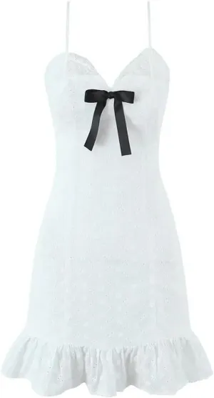 Women Sexy Sweet Bow Lace Spliced Sling Mini Dresses Hollow Out Embroidery A-Line Dress