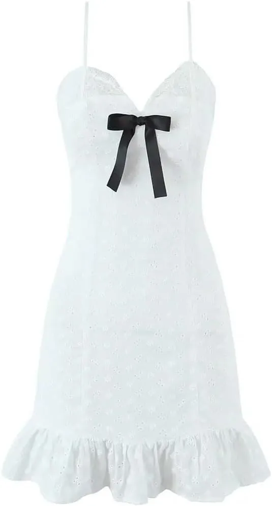 Women Sexy Sweet Bow Lace Spliced Sling Mini Dresses Hollow Out Embroidery A-Line Dress