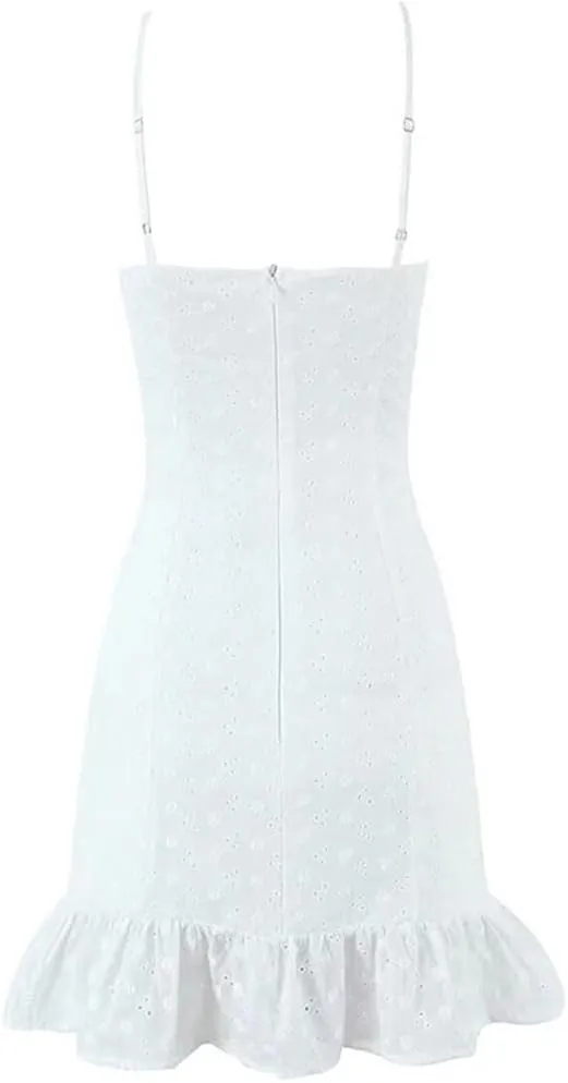 Women Sexy Sweet Bow Lace Spliced Sling Mini Dresses Hollow Out Embroidery A-Line Dress