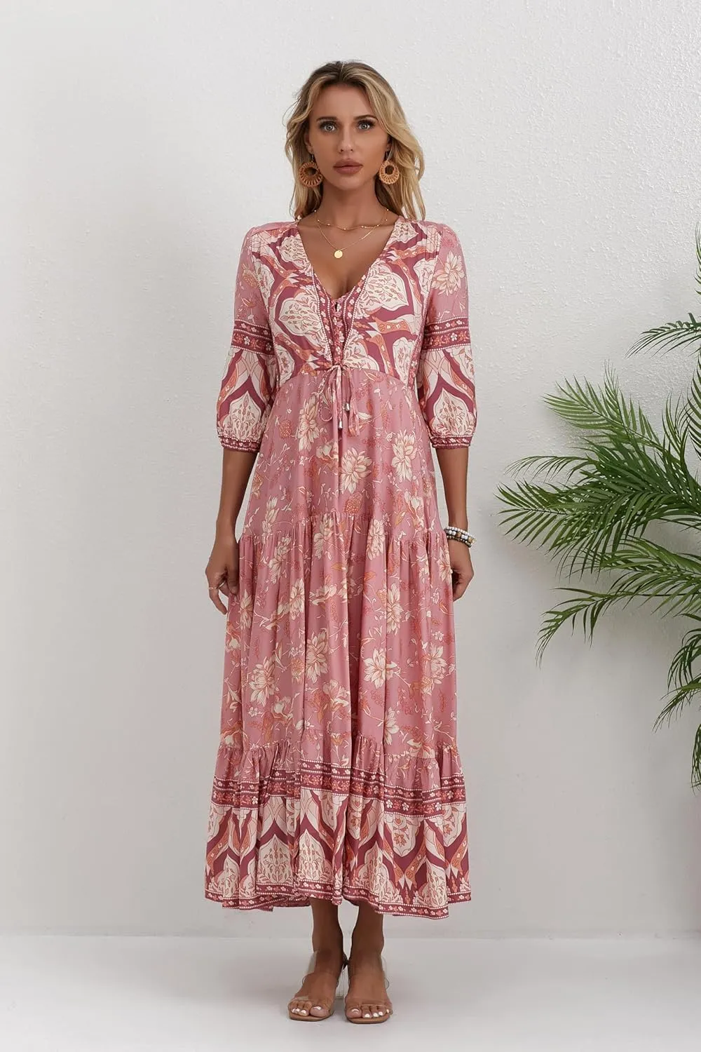 Women Short Sleeve V Neck Floral Print Casual Bohemian Maxi Dresses