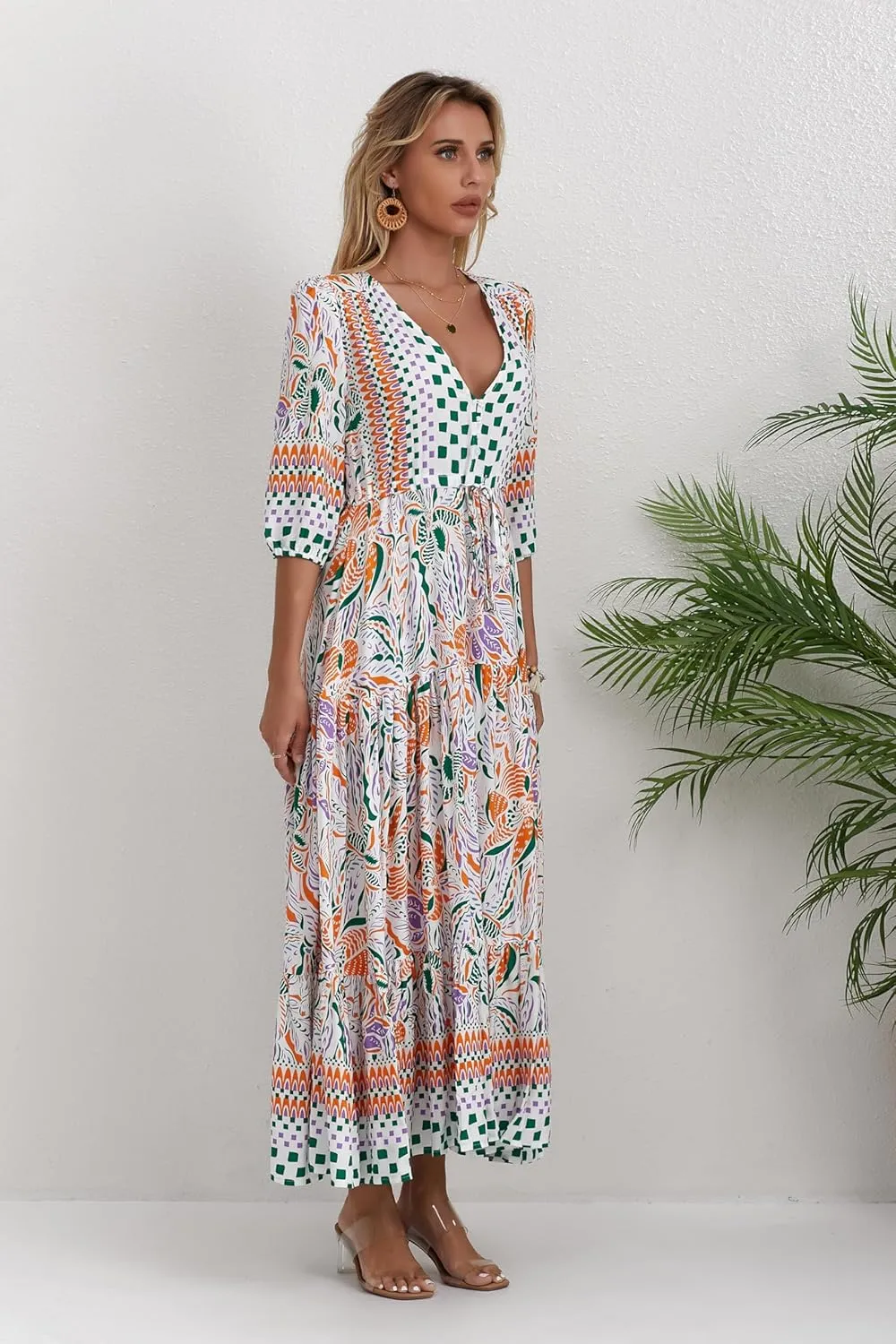 Women Short Sleeve V Neck Floral Print Casual Bohemian Maxi Dresses