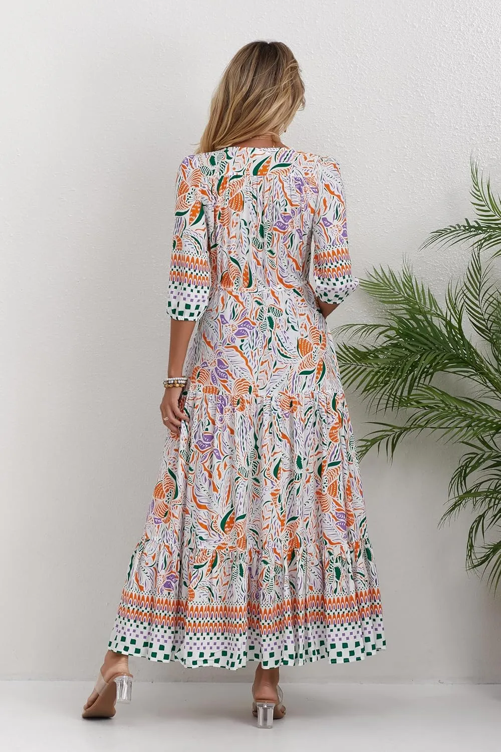Women Short Sleeve V Neck Floral Print Casual Bohemian Maxi Dresses