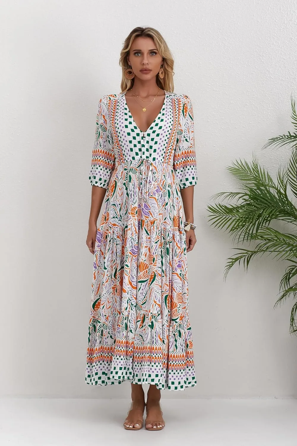 Women Short Sleeve V Neck Floral Print Casual Bohemian Maxi Dresses