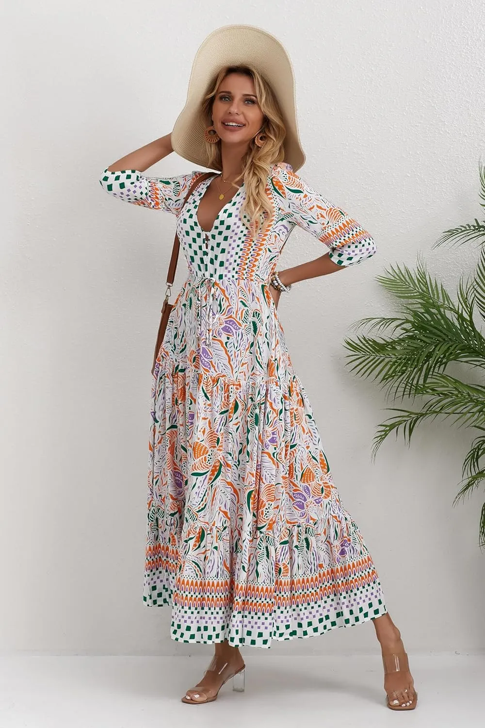 Women Short Sleeve V Neck Floral Print Casual Bohemian Maxi Dresses