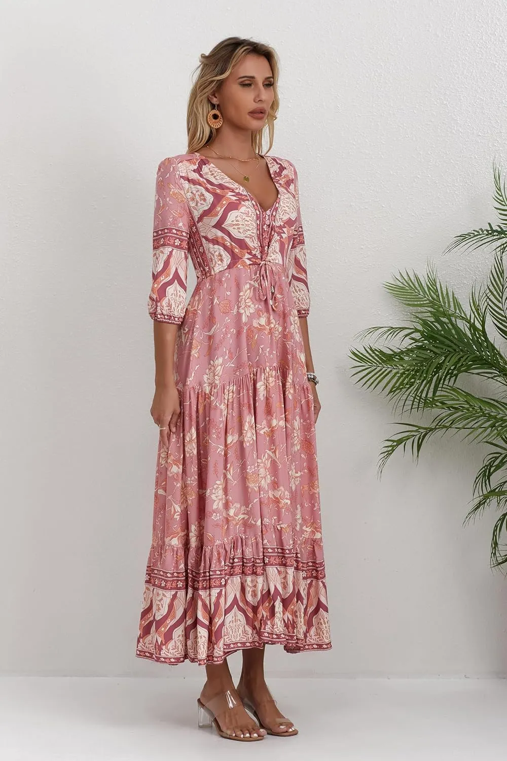 Women Short Sleeve V Neck Floral Print Casual Bohemian Maxi Dresses