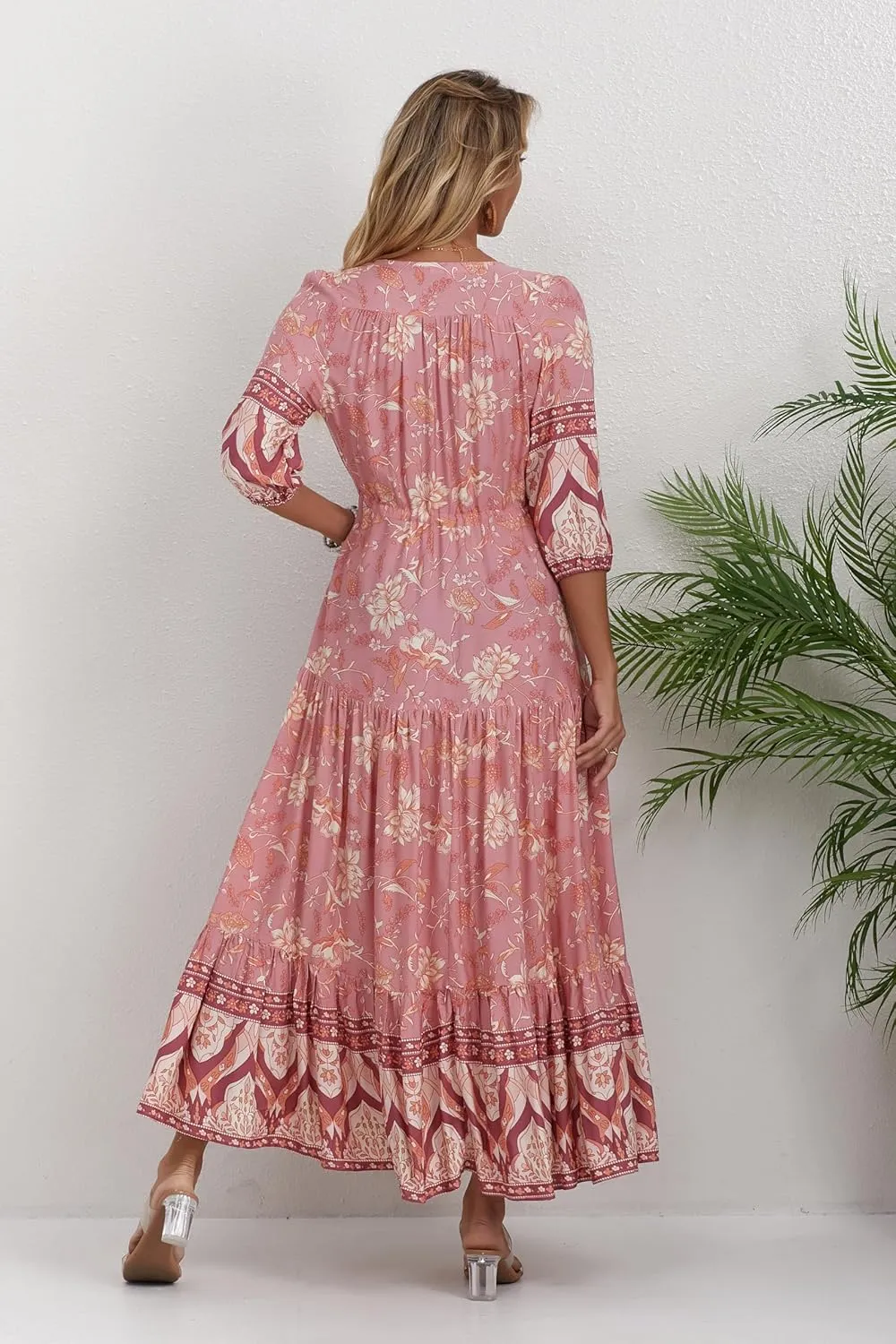 Women Short Sleeve V Neck Floral Print Casual Bohemian Maxi Dresses