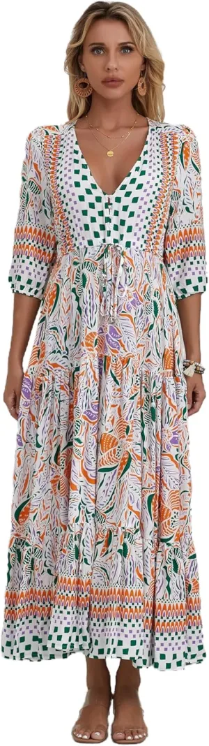 Women Short Sleeve V Neck Floral Print Casual Bohemian Maxi Dresses