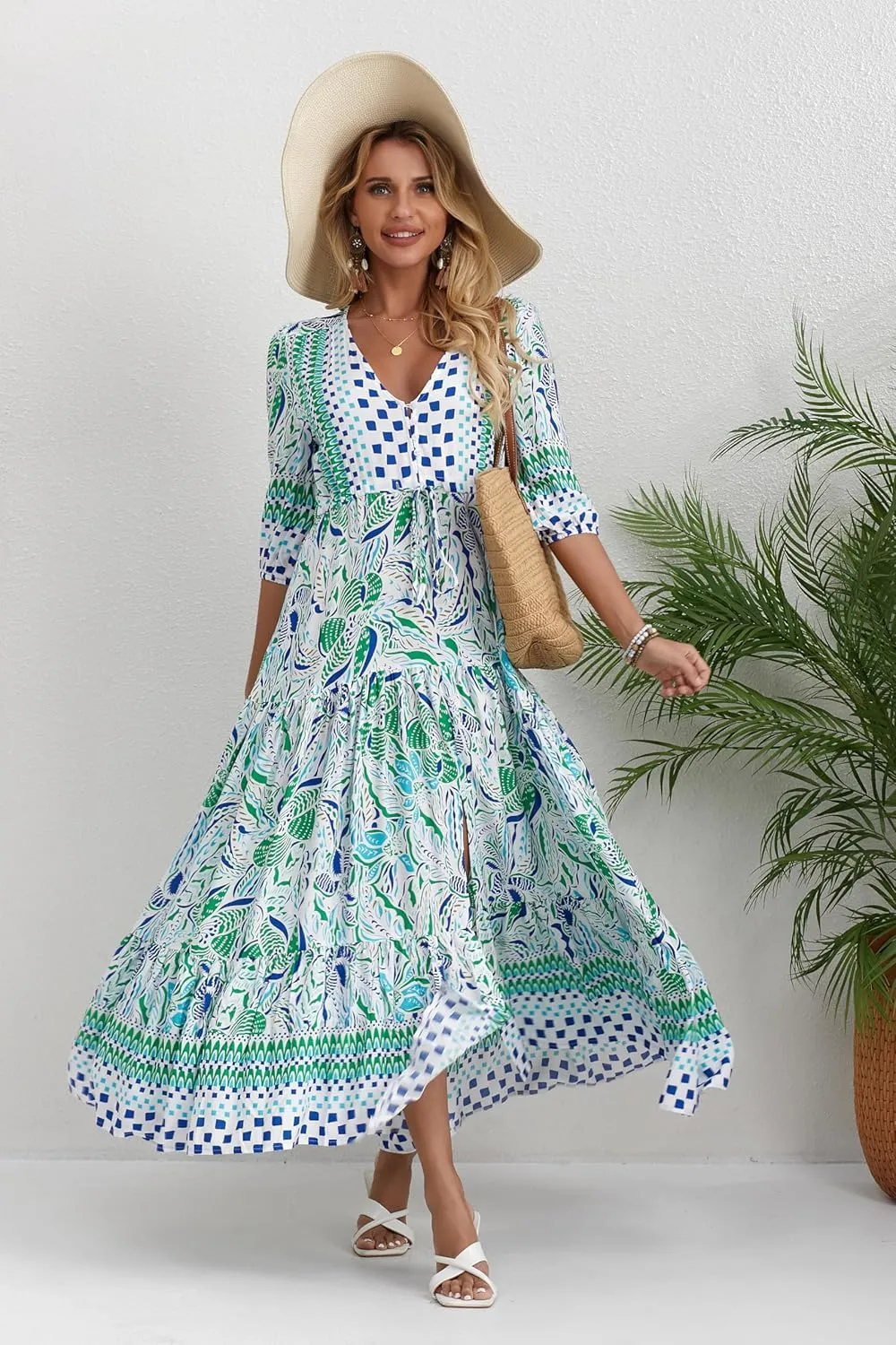 Women Short Sleeve V Neck Floral Print Casual Bohemian Maxi Dresses
