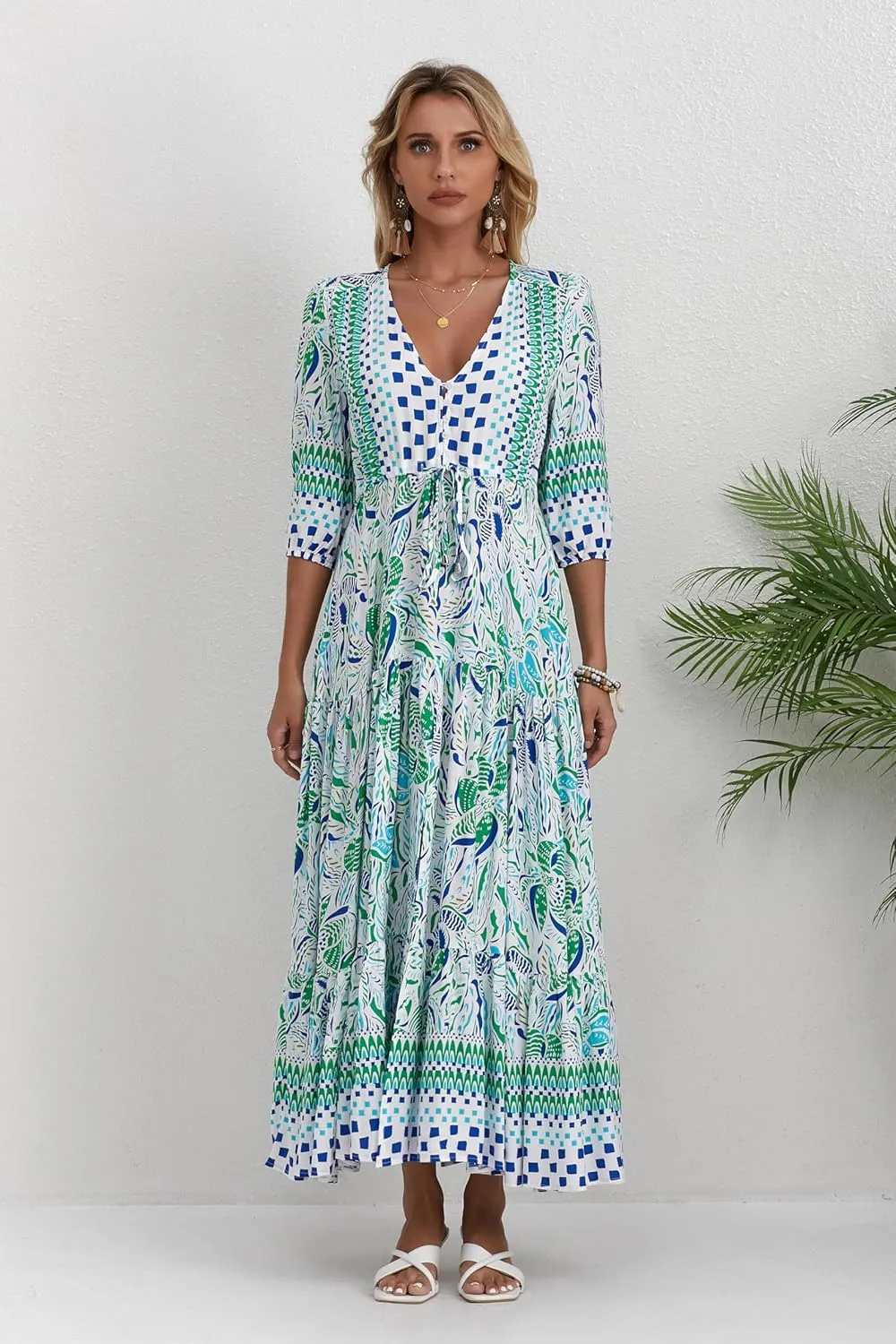 Women Short Sleeve V Neck Floral Print Casual Bohemian Maxi Dresses