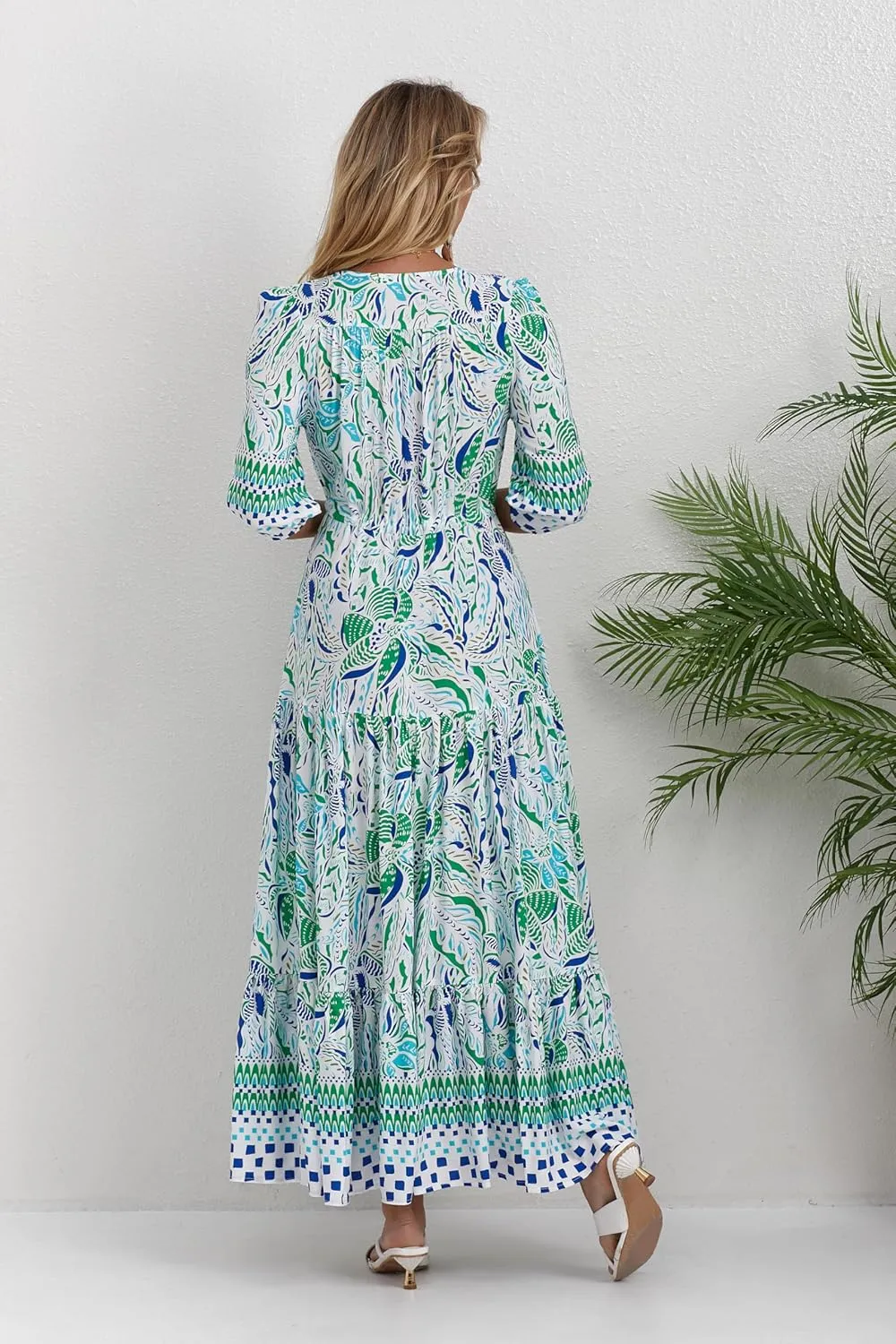 Women Short Sleeve V Neck Floral Print Casual Bohemian Maxi Dresses