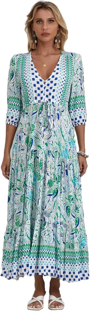 Women Short Sleeve V Neck Floral Print Casual Bohemian Maxi Dresses