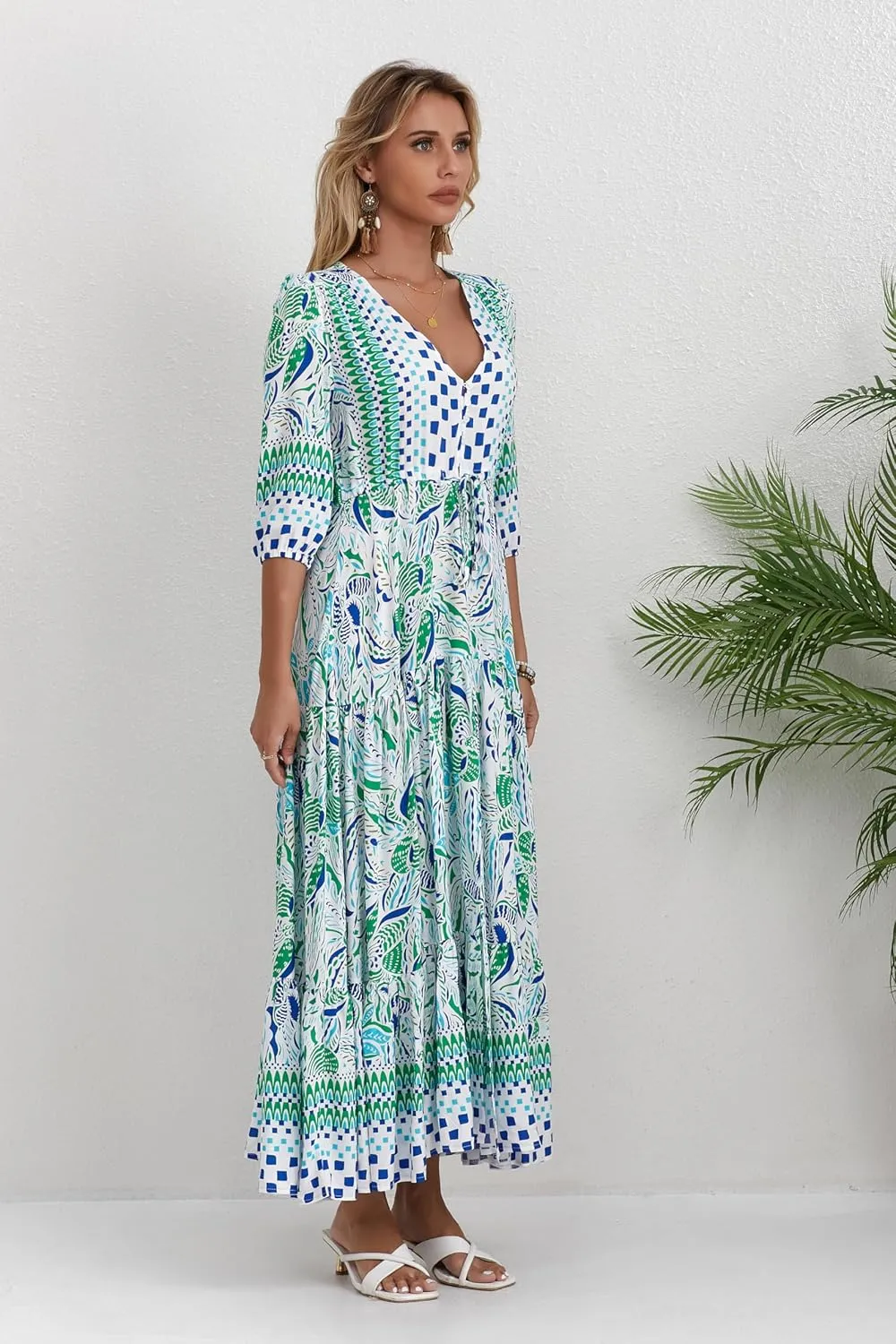 Women Short Sleeve V Neck Floral Print Casual Bohemian Maxi Dresses